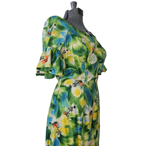 Vintage 50s 60s Kamehameha Hawaiian Mermaid Maxi Dress with Flutter Sleeves Sz S - Picture 2 of 16